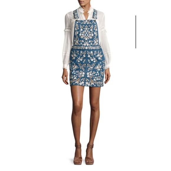 Needle & Thread Boho Romantic Overall Floral-Embroidered Denim Pinafore Dress 2 - Picture 2 of 13